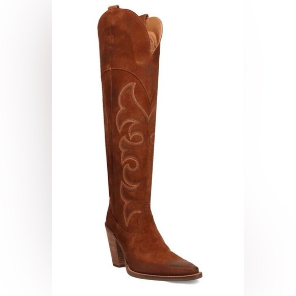 dingo Shoes - Dingo Whiskey Brown Suede Over The Knee Western Cowboy Boots‎ Pointed Toe Heel